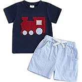 KtwHarnu Toddler Baby Boy Summer Clothes Train Engine Embroidery Short Sleeve T Shirt Plaid Shorts Set Infant 2 Piece Outfit