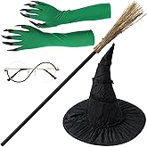 Hlimior 4 Pcs Halloween Witch Costume Set Include Black Witch Hat Broomstick Green Claw Gloves & Glasses,Halloween Costume Accessories for Women Cosplay & Party Fun