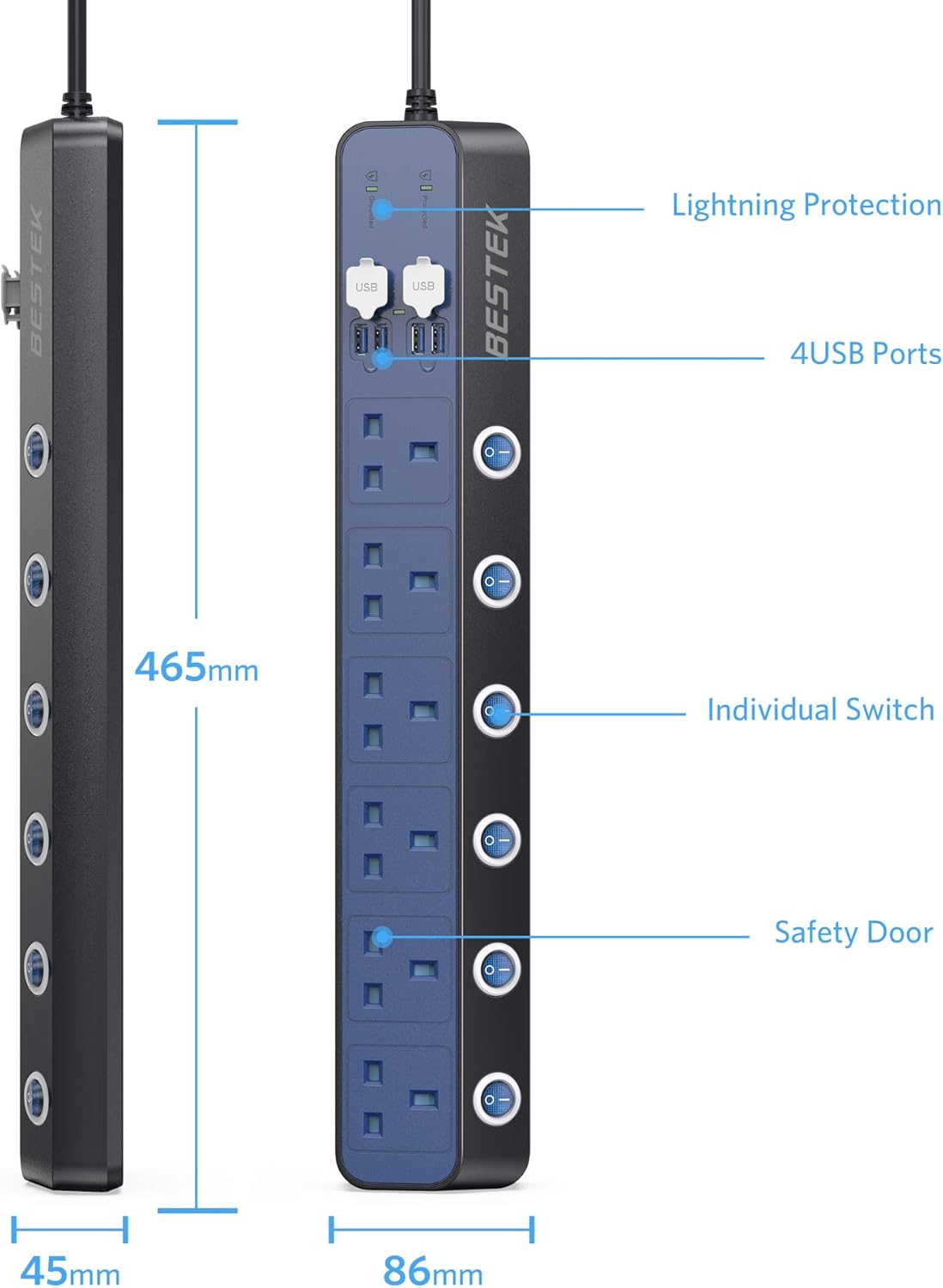Surge Protection Extension Lead, BESTEK 6 Way 1.8M Individual Switch