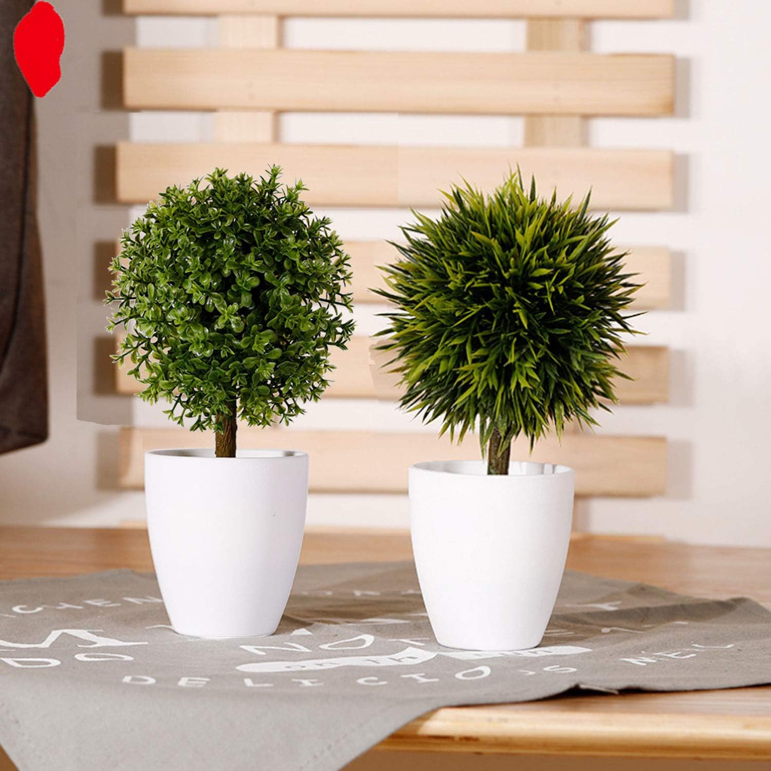 FagusHome 8" Artificial Plants Potted Artificial Boxwood Topiary Tree Artificial Ball Shaped Tree Fake Fresh Green Grass Flower in White Plastic Pot for Home Décor – Set of 5 (B) -