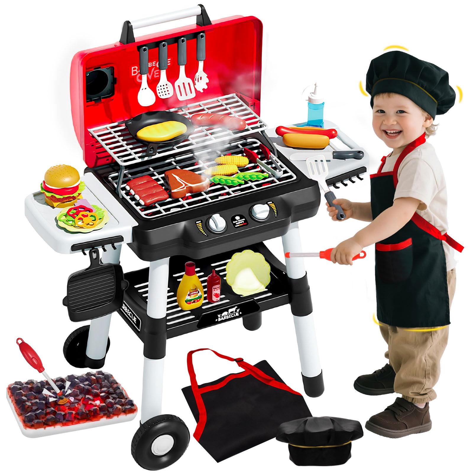 Photo 1 of Kids Kitchen Toy Barbecue Grill Playset Cooking Interactive Toys with Smoke Sound Light Simulation Chef Apron Hat Little Chef Pretend Play Accessories Christmas Birthday Gift for Boys Girls