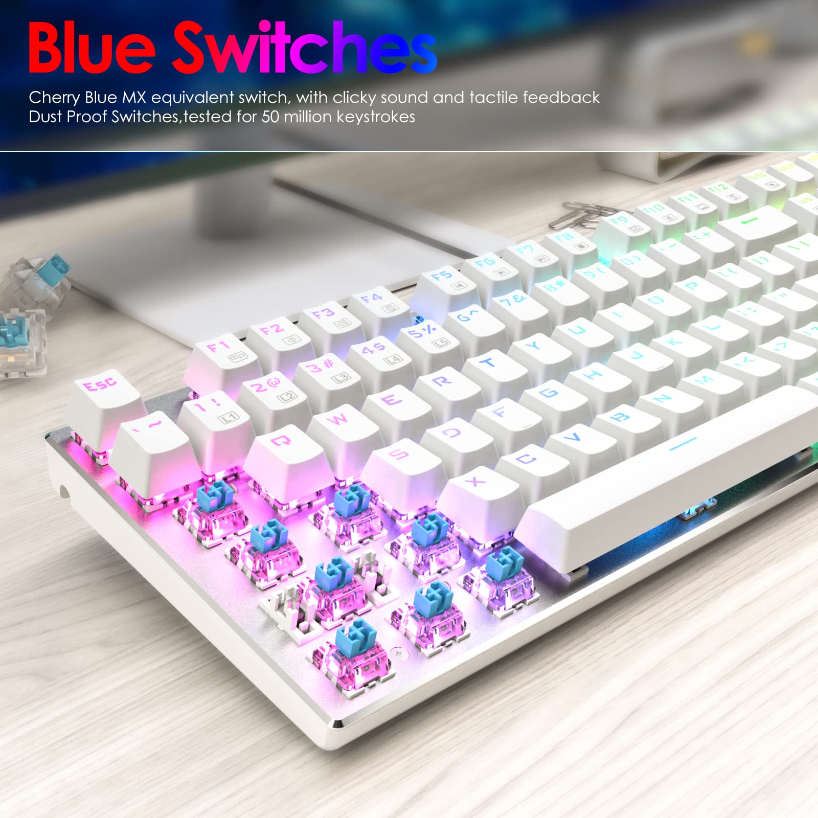 HUO JI E-Yooso Z-88 RGB Mechanical Gaming Keyboard USB Wired, Customizable RGB Backlit, Blue Switches - Clicky, Metal Panel, 104 Keys for Mac, PC, Silver+White