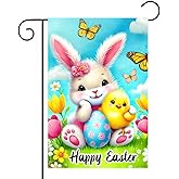 BlissYard Happy Easter Garden Flag Double Sided 12x18 Inch Cute Bunny Yard Flags Easter Spring Colorful Egg Chick Butterfly Outdoor Decorations for Outside Garden Patio Lawn Yard Décor