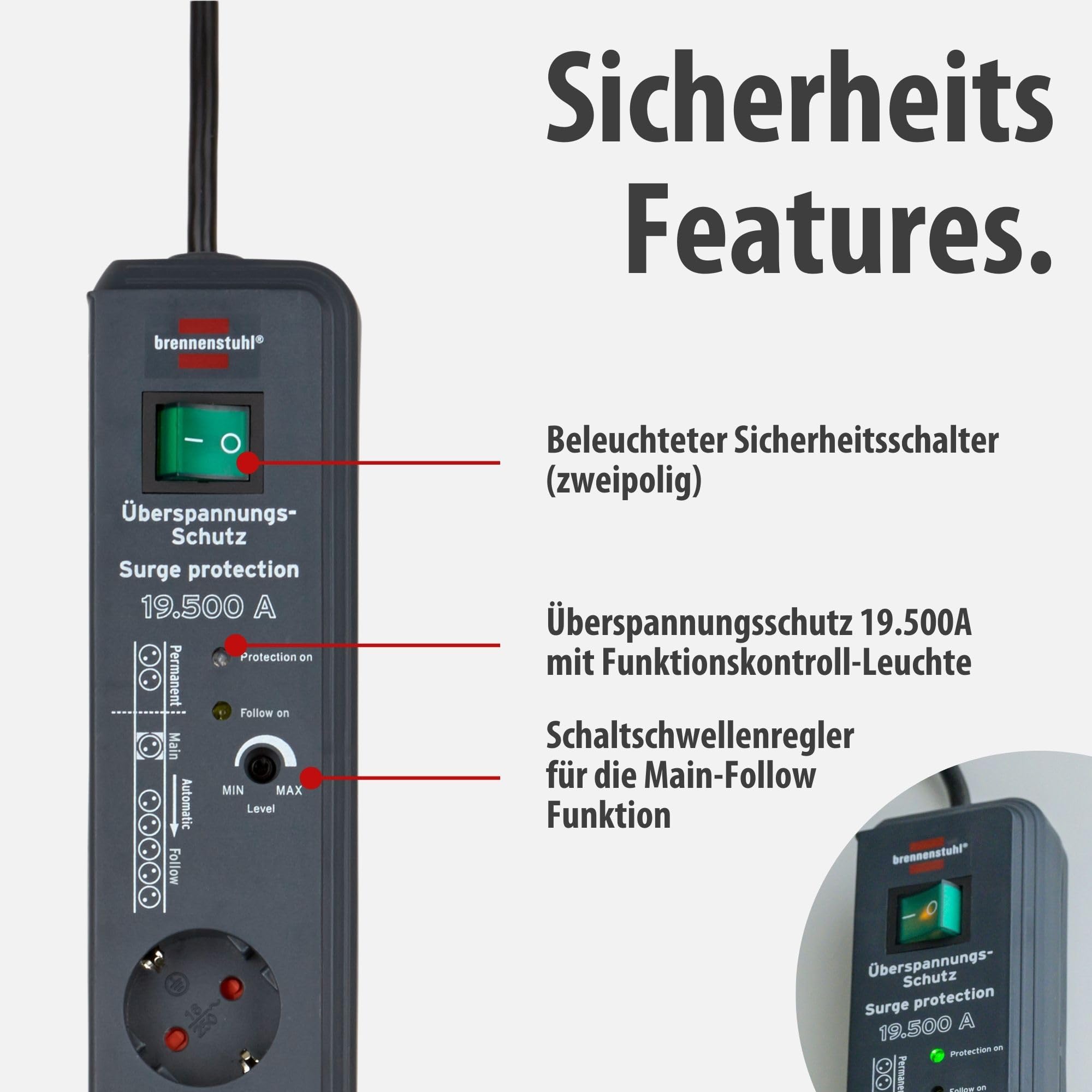 Brennenstuhl Secure-Tec Steckdosenleiste 8-Fach mit Überspannungsschutz und Main Follow Funktion (Mehrfachsteckdose mit 3m Kabel und Schalter) anthrazit 3