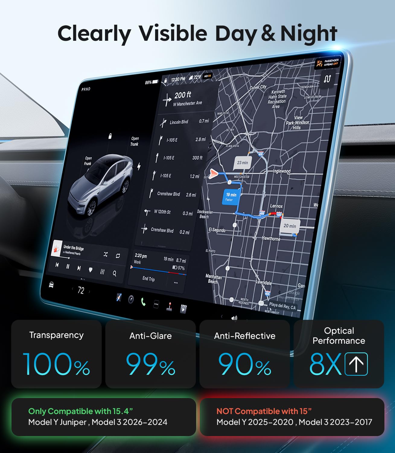 Wigoo Tesla New Model Y Juniper & Model 3 Highland Screen Protector Matte [No Glare & Fingerprint] Model 3 (2024~2026)/New Model Y Juniper Accessories, Tempered Glass Protector with Alignment Kit