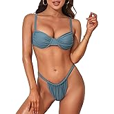 ZAFUL Womens Ruched Underwire Bikini with Thong Criss Cross Back High Cut Brazilian Two Piece Swimsuit Suit