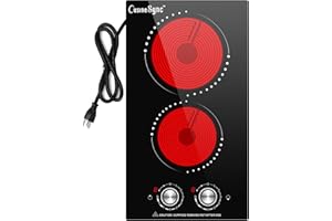 Cusinesync 12 Inch Electric Cooktop, 2 Burner Electric Stove Top with 9 Power Levels, Knob Control, Auto shutdown and Residual Heat Warning, 2000W, Ideal for Countertop & Built-In Use (110-120V)