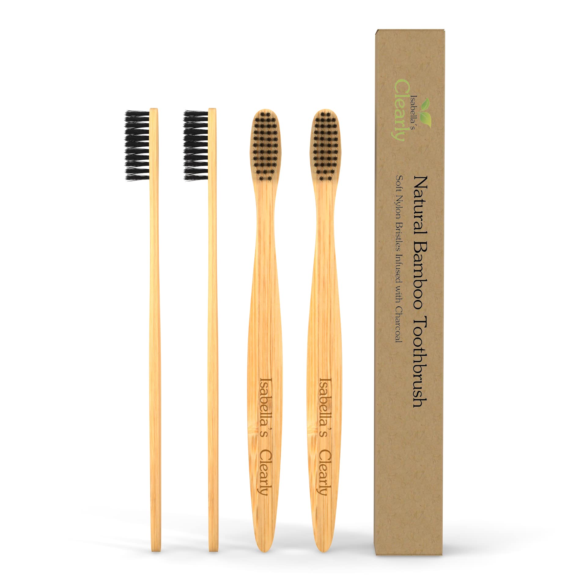 4 Pack Bamboo Toothbrush Set | Extra Soft Charcoal Infused Bristles, Eco Biodegradable Wood, BPA Free Vegan Nylon | Great for Teeth Whitening, Sensitive Gums, Adults, Kids
