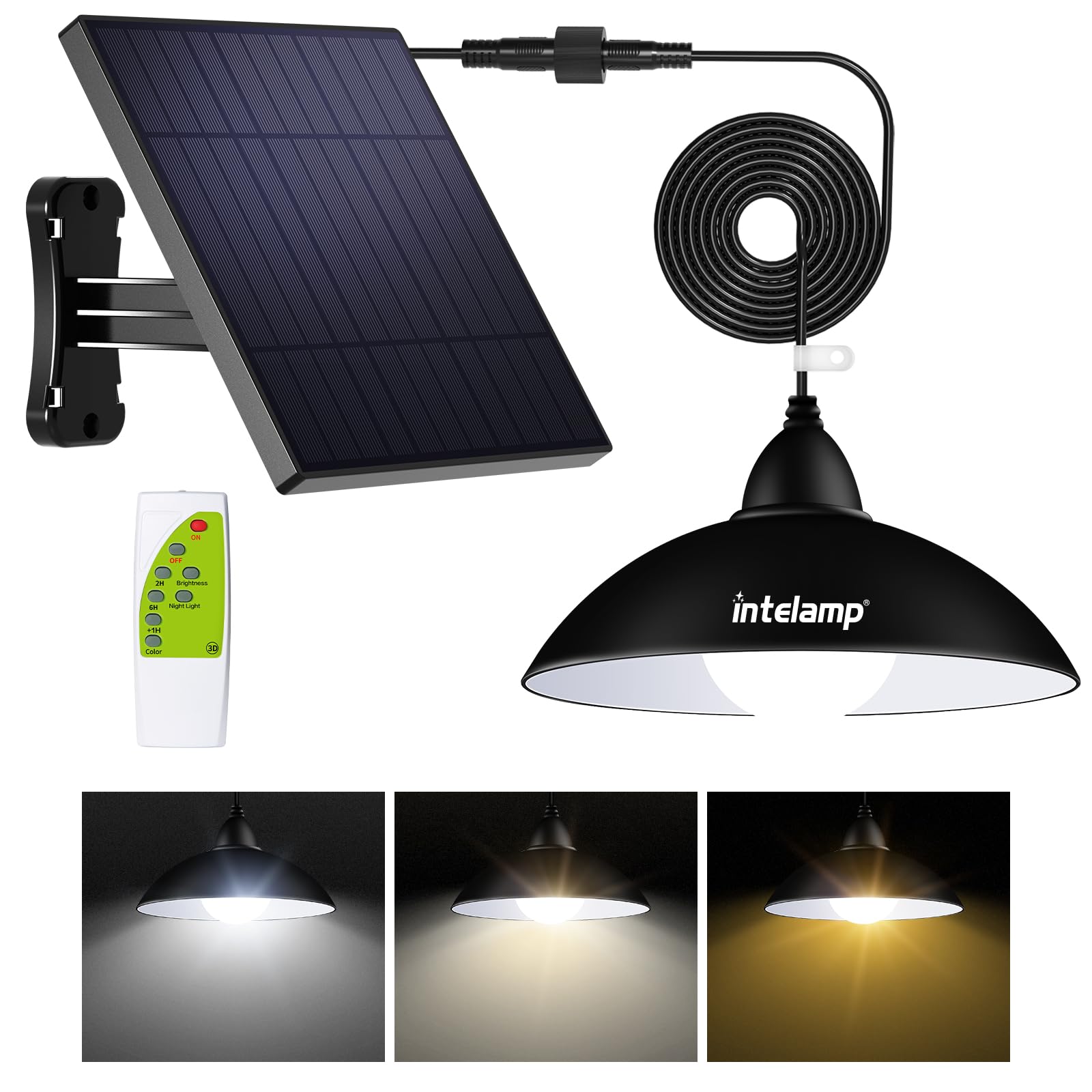 intelamp Solar Shed Light Remote Control, Solar Pendant Lights Outdoor Indoor, Cool White, Neutral, Warm White, 16.4FT Cord, Outdoor Gazebo Lights for Garden Courtyard Barn Balcony Corridor