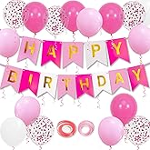 Pink Birthday Decorations, Happy Birthday Banner, 16 pcs 12 inch Balloons with 2 Ribbons for Girl and Women Party Decoration