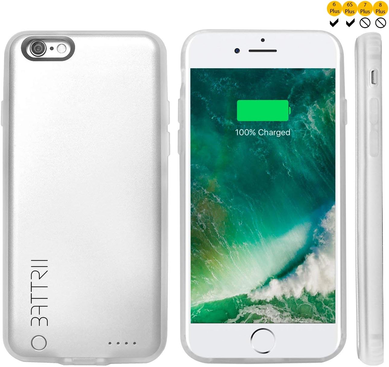 BATTRII IPHONE 6S PLUS CHARGING CASE (For 6 PLUS, 6S PLUS) - Ultra Thin Silver iPhone 6 Plus Charging Case For All Day Freedom - 3200 mAh Battery, Lightning Port, Magnetic iPhone 6S Plus Battery Case for Apple 5.5 inch. 12 Month Warranty.