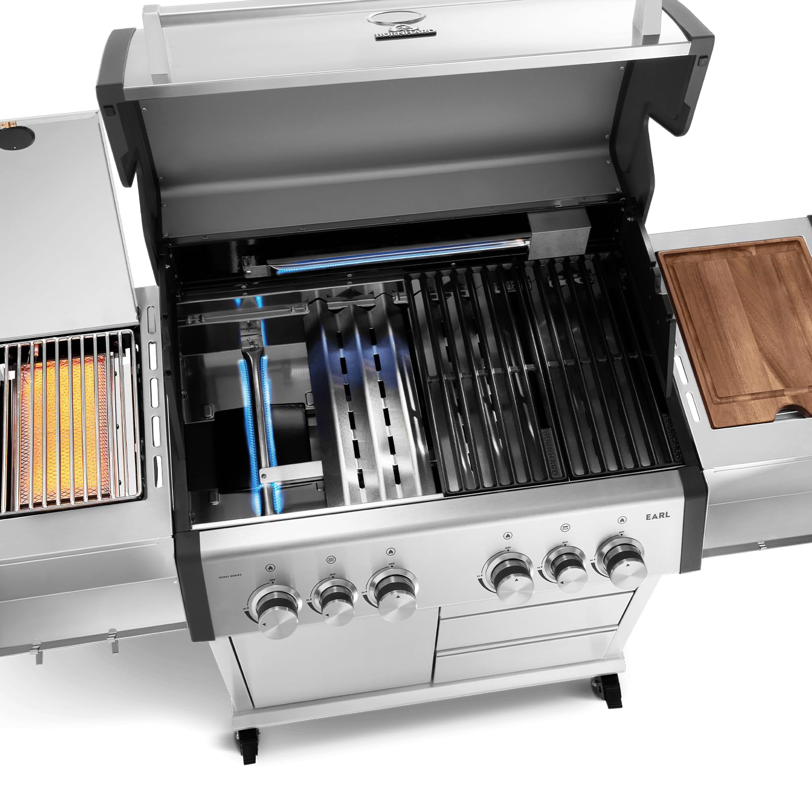 BURNHARD® 4-Brenner Gasgrill Edelstahl inkl. Heckbrenner, mit Gusseisen Grillrost & inkl. stabiler Abdeckhaube, Seitenkochfeld mit Infrarot Keramikbrenner - Big EARL 5