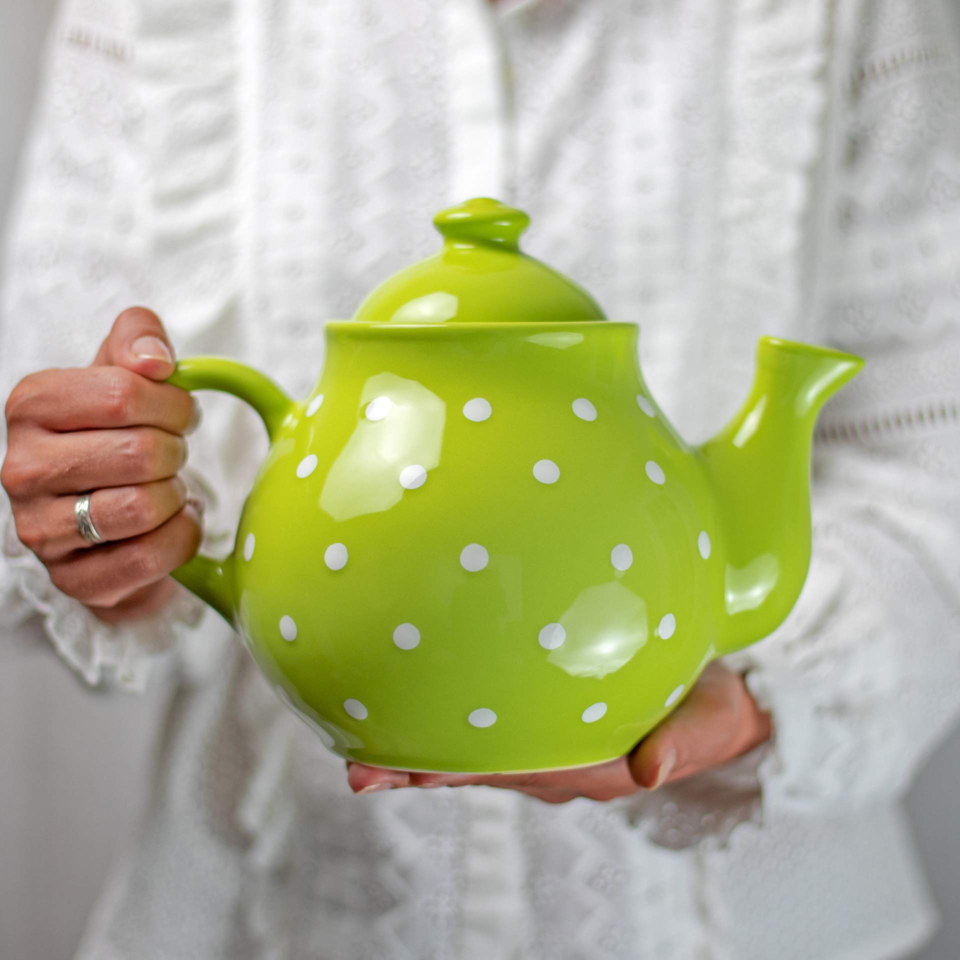 City to Cottage Ceramic 60 oz Teapot, Large Tea Pot for Bloomig and Loose Tea Leaf, Handcrafted Premium Teaware, Pistachio Green Polka Dot Tea Pot for (5-6 Cups) Serving Tea, Teapot for Tea Lovers