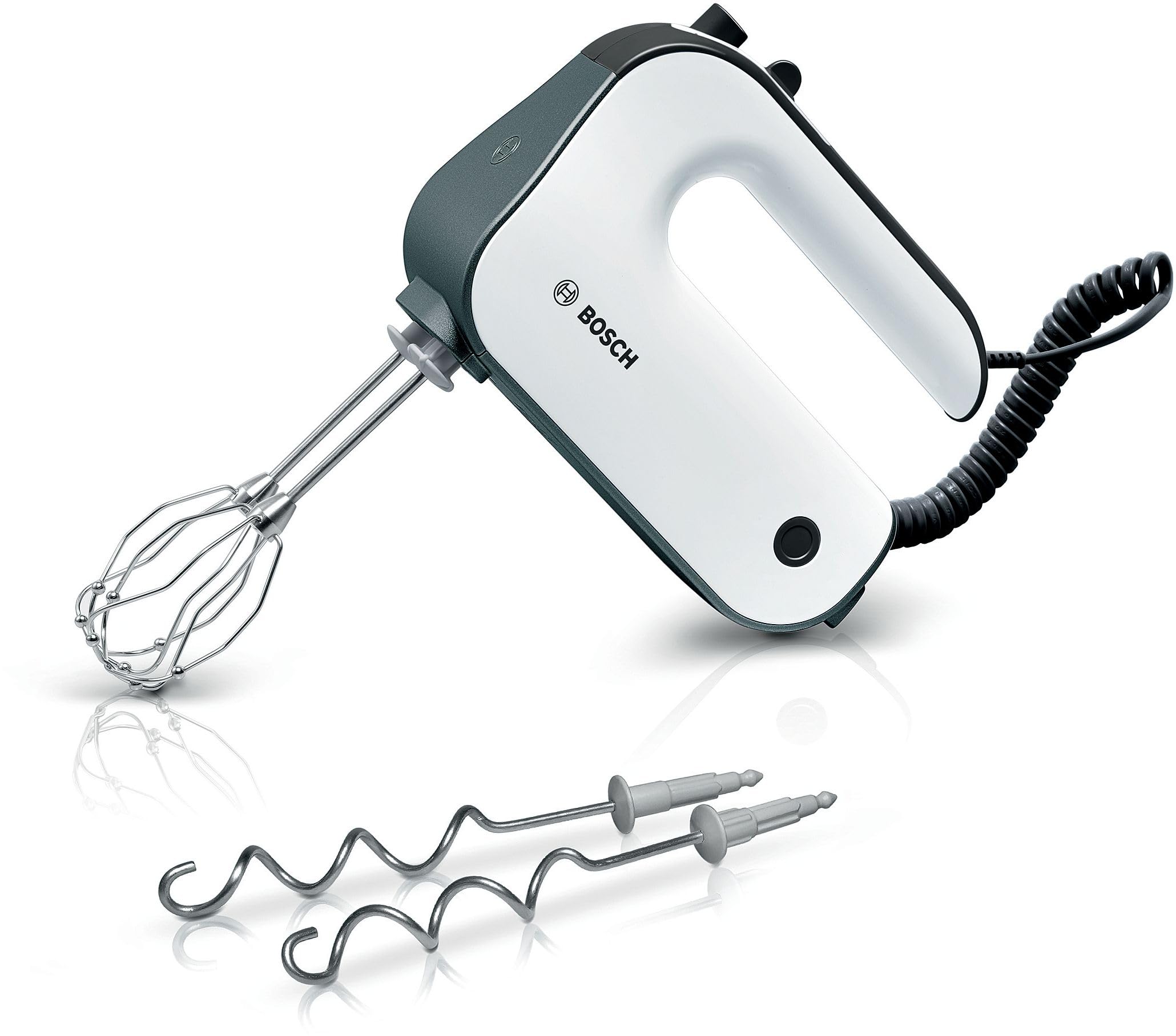 Bosch Handrührer Styline MFQ49300, 5 Stufen, 2 Edelstahl Rührbesen- und Knethaken, Spiralkabel, 850 W, weiß/dark silver