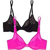 Smart & Sexy Womens Sheer Mesh Underwire Demi Bra, Black Hue/Electric Pink, 36DD US