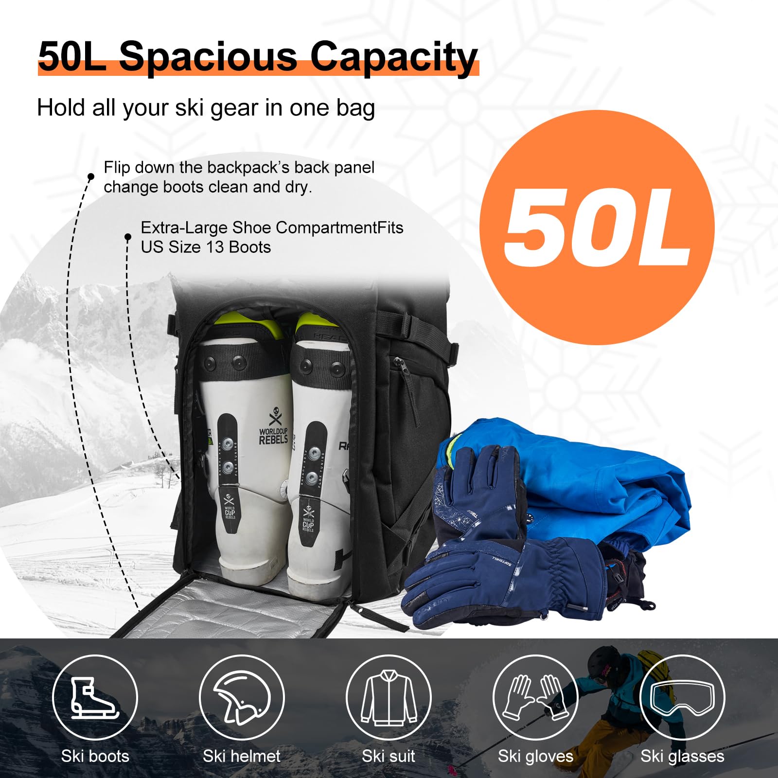 Odoland Ski Bag and Boot Bag Combo, Padded Ski Bags for Air Travel, Snow Ski bags Fit Ski Up to 200cm, Waterproof Double Bag for Storage, Transport Ski Gear, Black & Grey