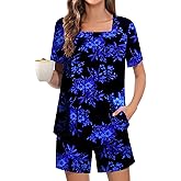 Tencede Womens 2 Piece Short Sleeve Pajama Sets Lounge Sleepwear Ladies Pjs Sets with Pockets S-2XL