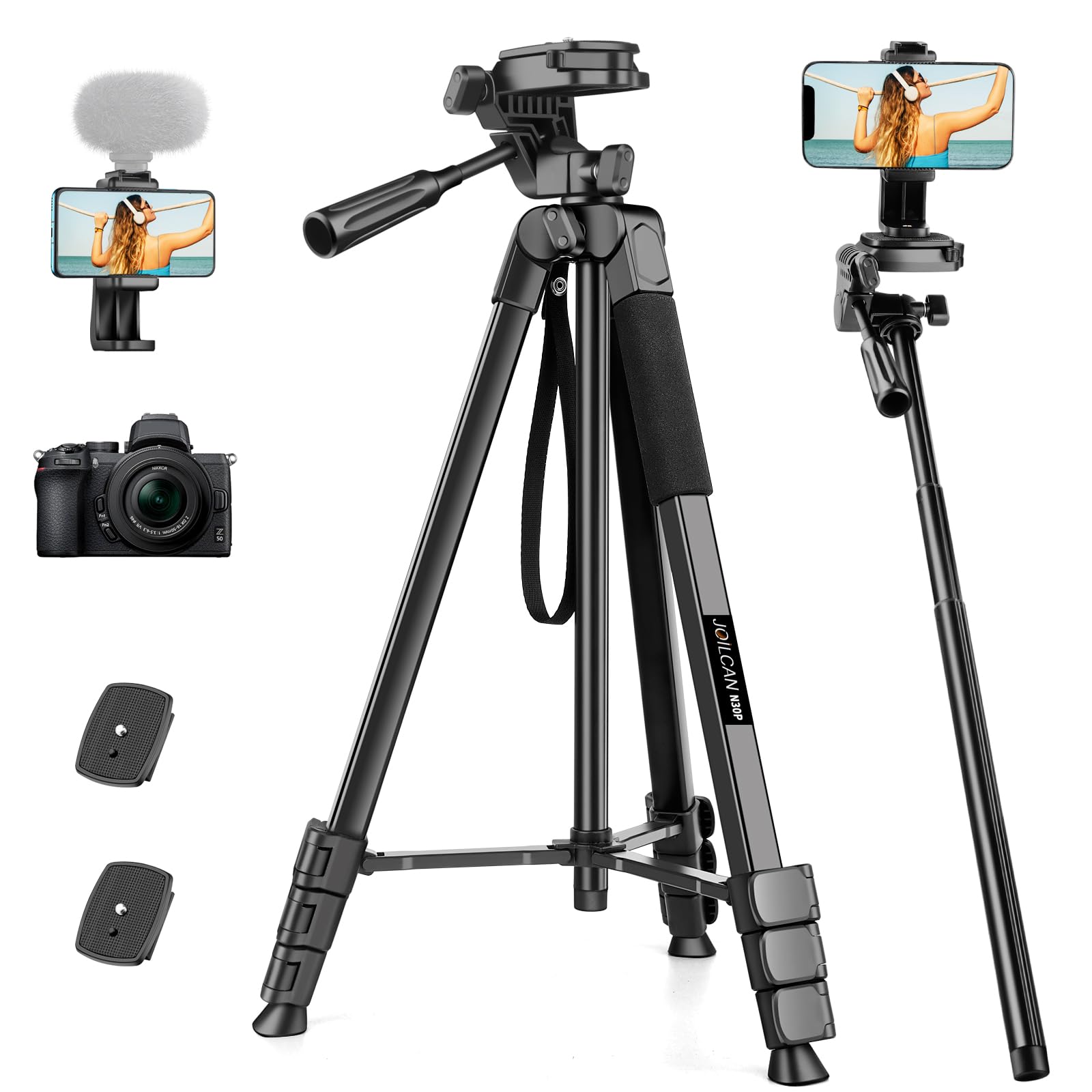 JOILCAN 83" Tall Tripod for Camera, Aluminum Camera Phone Tripod with 3 Way Pan Head, 37.8" Monopod Selfie Stick for Smartphone with Remote, Compact Mobile Phone Tripods for iPhone with Travel Bag
