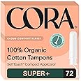 Cora Organic Applicator Tampons | Super Plus Absorbency | 100% Organic Cotton, Unscented, BPA-Free Compact Applicator | Leak Protection | Packaging May Vary | 72 Total