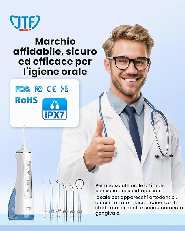 Irrigatore Orale Senza Fili, 300 ML Idropulsore Dentale Portatile, 3+1 Modalità Professionale Elettrico Water Flosser per Pulizia Denti, Impermeabile IPX7 per Viaggi a Casa di salute orale（Bianco）