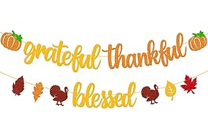 YOYMARR Grateful Thankful Blessed Banner Fall Autumn Leaves Turkey Thanksgiving Day Theme for Happy Thanksgiving Party Supplies Glitter Gold Decorations