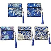 5PCS Chinese Silk Brocade Jewelry Pouch Set with Zipper, Embroidered Coin Purse Wallet for Women (Deep Blue)