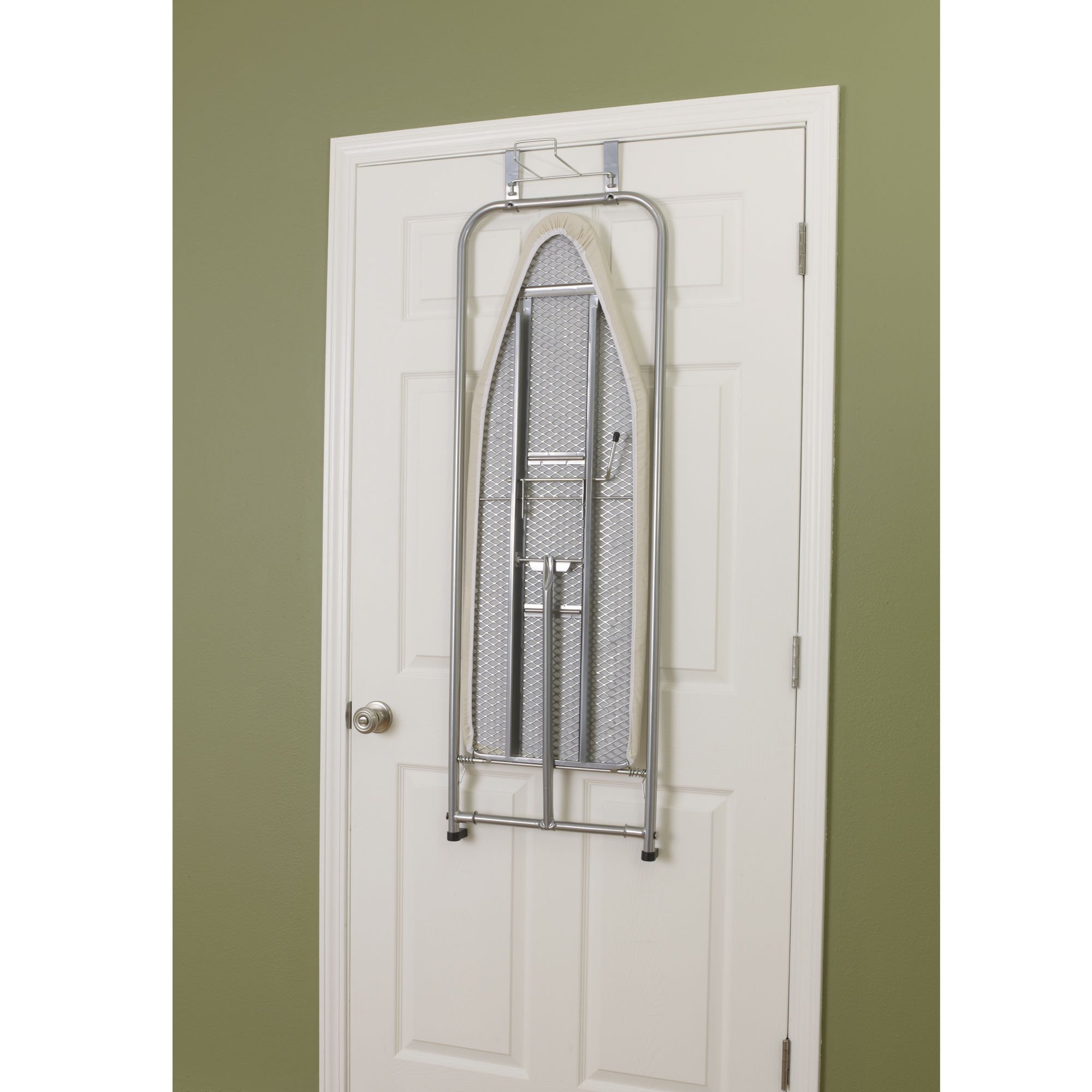 Household Essentials 144222 Over The Door Small Ironing Board with Iron Holder, Natural Cotton Cover Silver