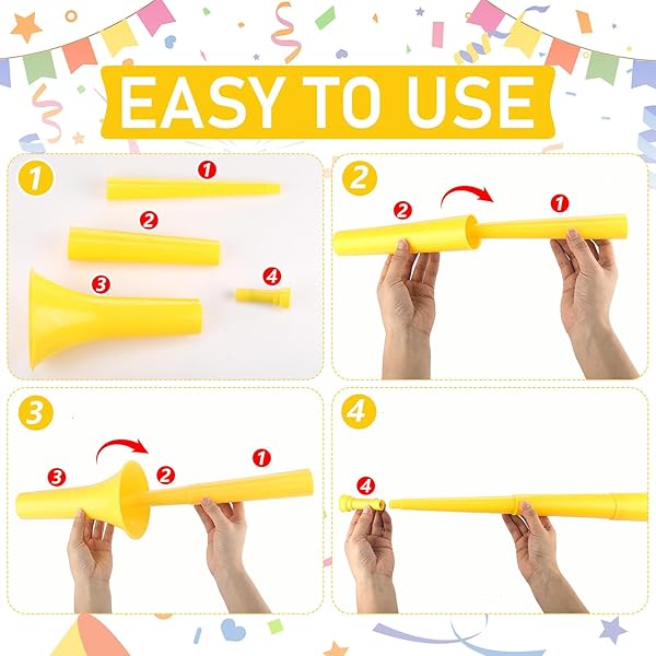LARANDOM 12 PCS/4 SET CHEERLEADING ITEMS WITH STADIUM HORN SHUTTER SHADED GLASSES CHEERING NOISE MAKER FOR SOCCER FOOTBALL EVENTS(YELLOW)
