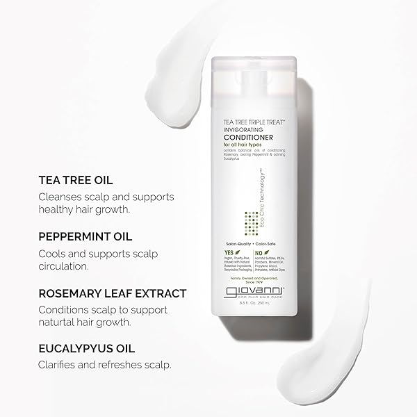 GIOVANNI TEA TREE TRIPLE TREAT INVIGORATING CONDITIONER – COOLING PEPPERMINT, EUCALYPTUS, ROSEMARY, HELPS DRY FLAKING SCALP, PARABEN FREE, HELPS TO MOISTURIZE, SMOOTH & DETANGLE – 24 OZ (1 PACK)