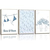 3 Pcs Blue Beach Bikini Shell Wall Art Preppy Coastal Wall Art Trendy Swimwear Beach Aesthetic Painting Pictures Wall Decor Coastal Granddaughter Blue Room Decor for Girls Dormitory 12x16in Unframed