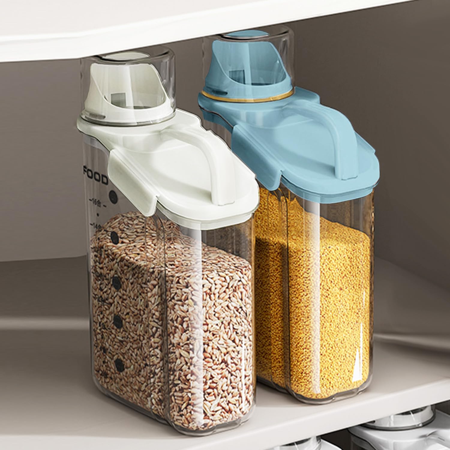 Photo 1 of LANGMINGDE 2 PCS Airtight Storage Containers, 2.8L/95fl.oz Cereal Rice Holder, Dog Cat Food Dispenser with Measuring Cup, BPA Free Clear Plastic Kitchen Pantry Organization Bin, 1 Blue+1 White