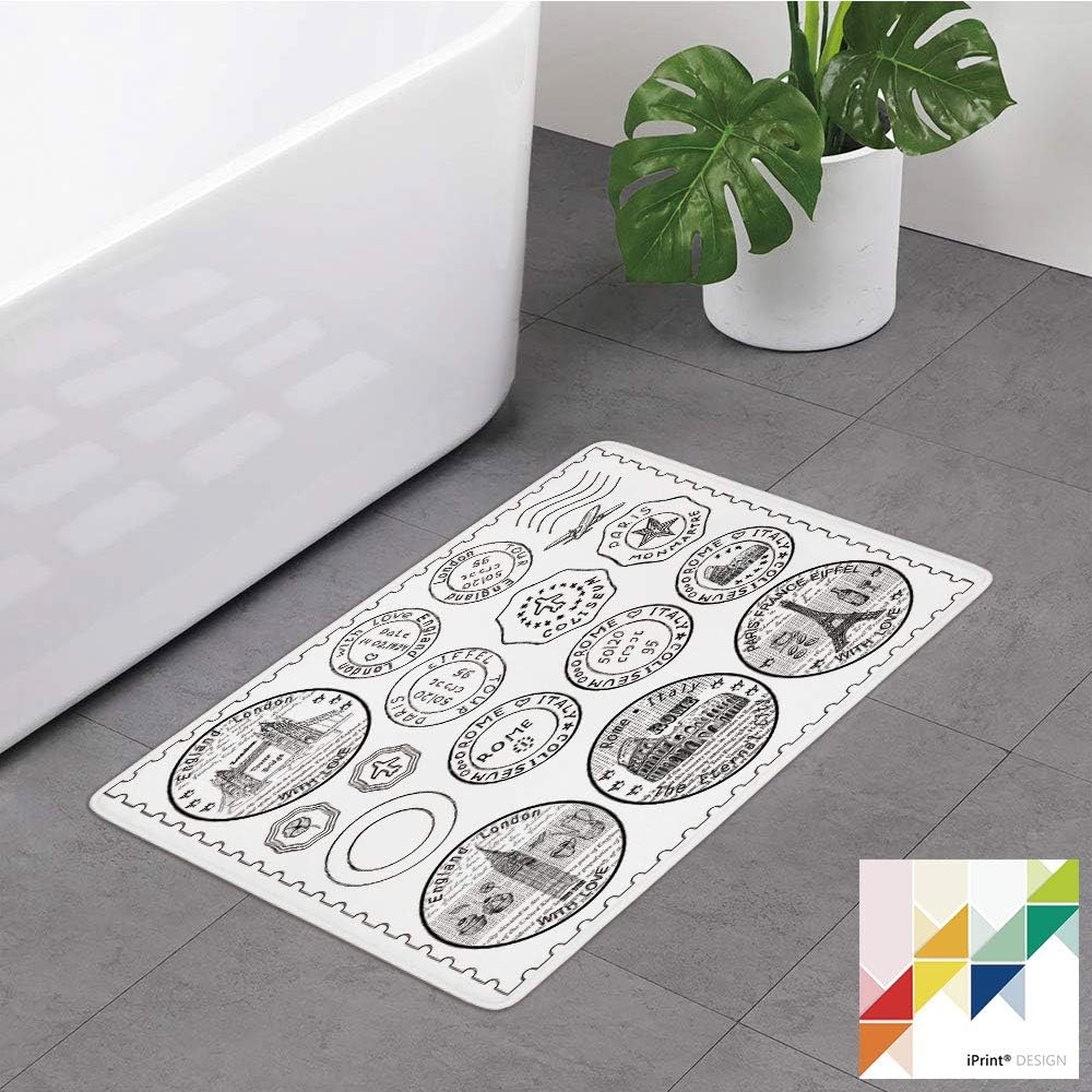Bathroom Rug,Travel,Stamps from All Over The World Historical Landmarks Tourist Attraction European Decorative,Black White, Non Slip Coral Velvet Foam Bath Mat,Soft Absorbent Shower Mat Kitchen Rug