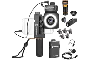 Movo SmartCine All-In-One Smartphone Video Lighting Kit, Universal Phone Rig, Wireless Lavalier Microphone System with Built-in Receiver and Bodypack Transmitter, LED Light, Wide-Angle, Fisheye