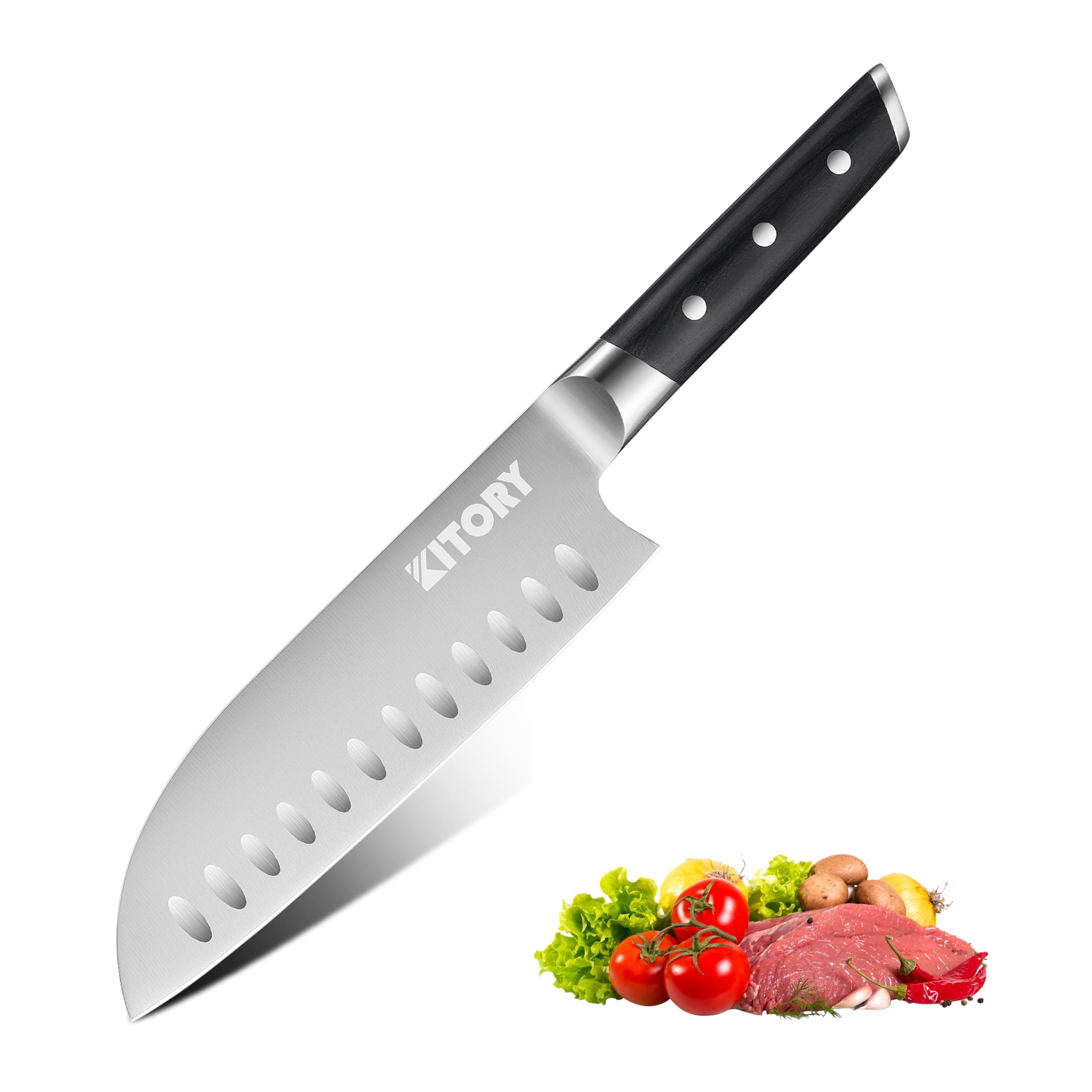 Kitory Santoku Knife - 7 Inch Full Tang GRANTON BLADE Kitchen Knife - Chef Knife for Chopping Vegetables- Forged German High Carbon Steel -2024 Gifts