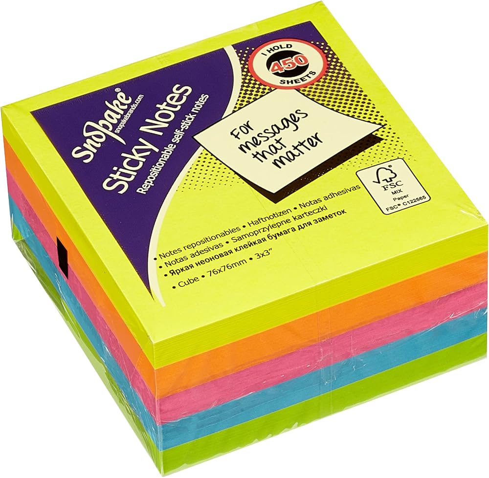 Snopake Neon Sticky Notes Cube 450 Sheets 76 x 76 mm Assorted Colours
