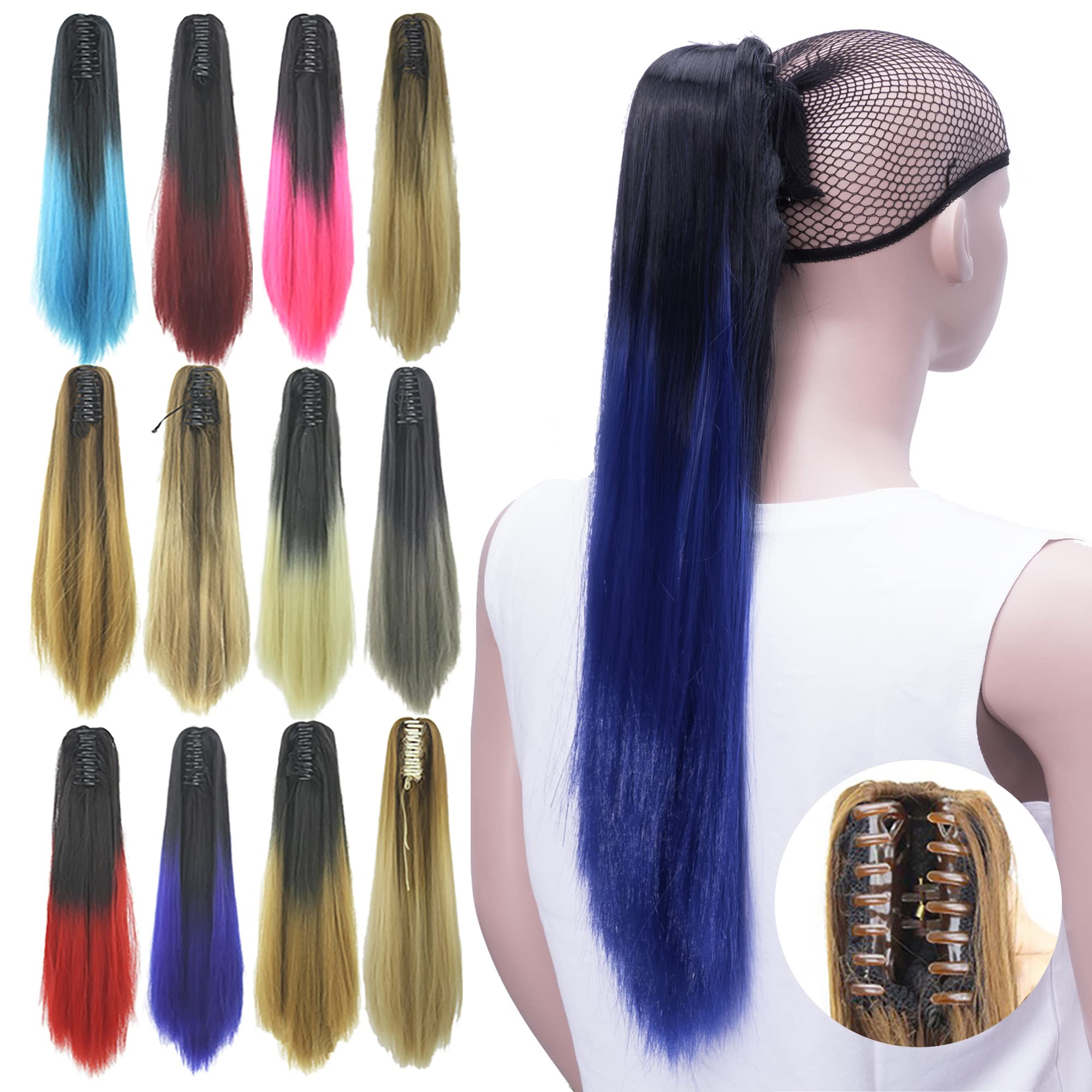 IMISSU Straight Clip on Hairpiece Extensions Pony Tail Clip Claw Ombre Ponytail Hair Pieces (Ombre Blue)