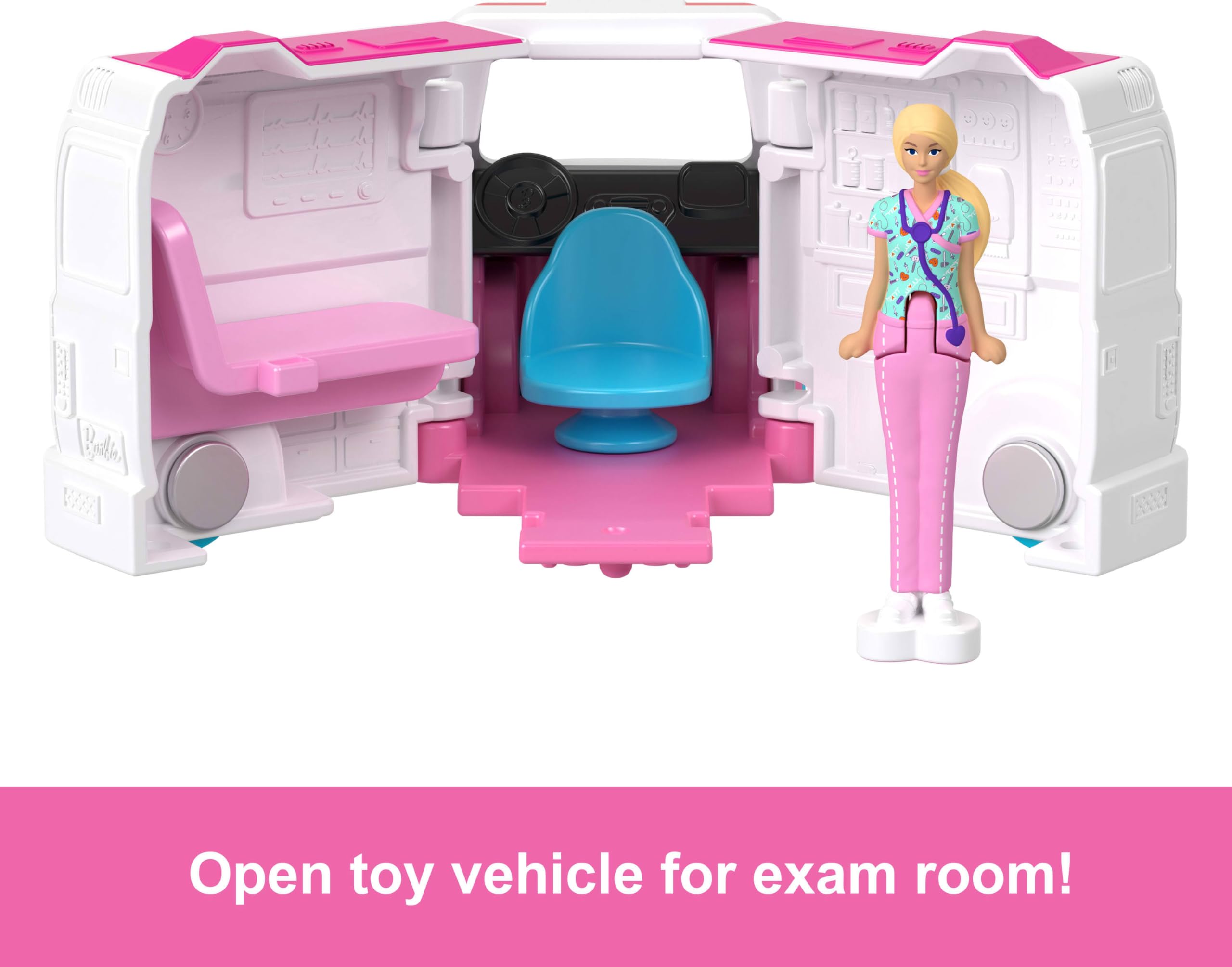 Barbie Mini BarbieLand Doll & Toy Vehicle Set with 1.5-inch Doll, Color-Change Care Clinic Vehicle & Medical Office