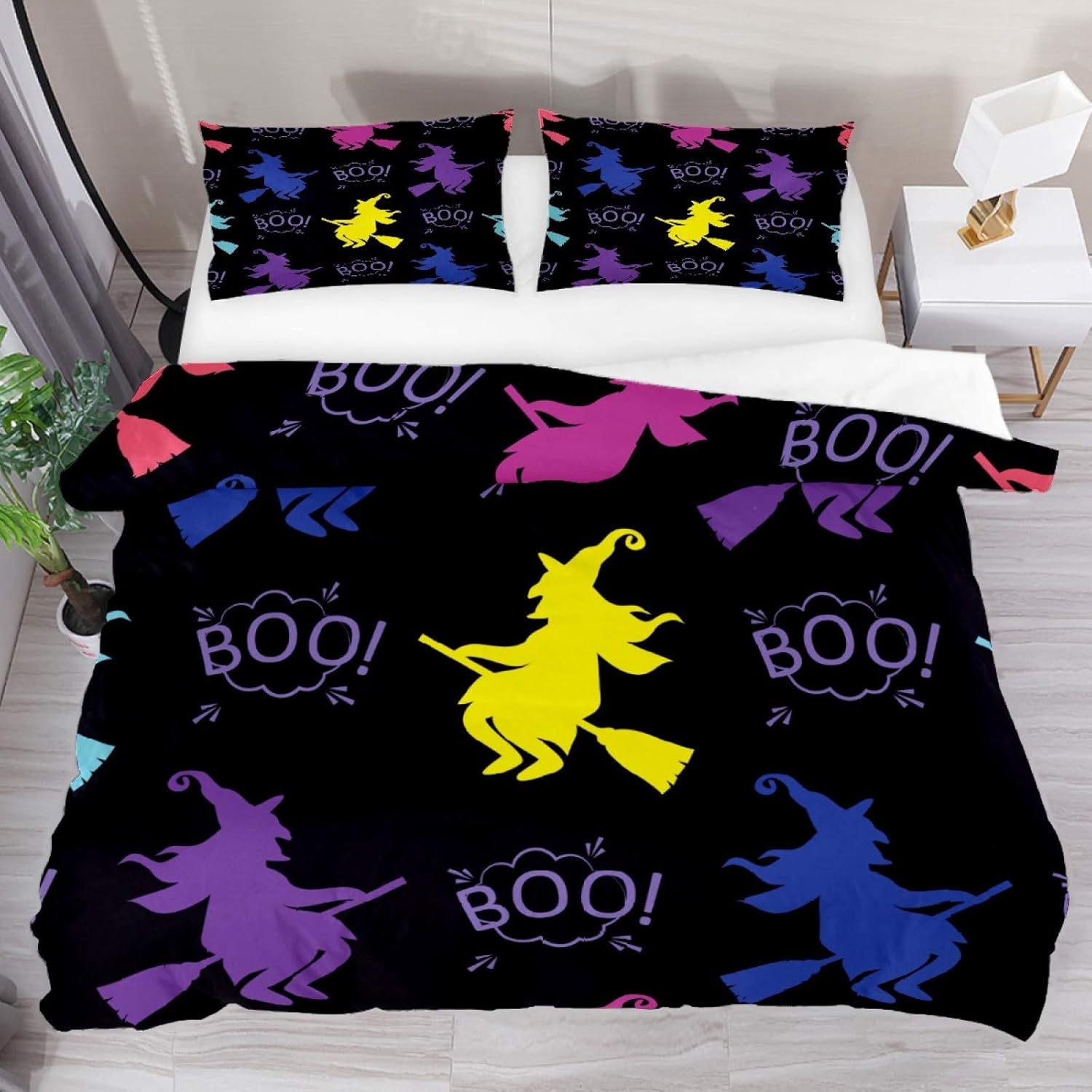 Duvet Cover Set, Super King Bedding Set 3 Pieces, Halloween Colorful Witch Broom Boo Pattern