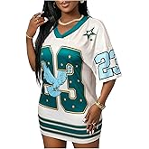 BEAUDRM Women's Plus Size Jersey Shirt Number Graphic V Neck Half Sleeve Oversized Tee Shirt Streetwear