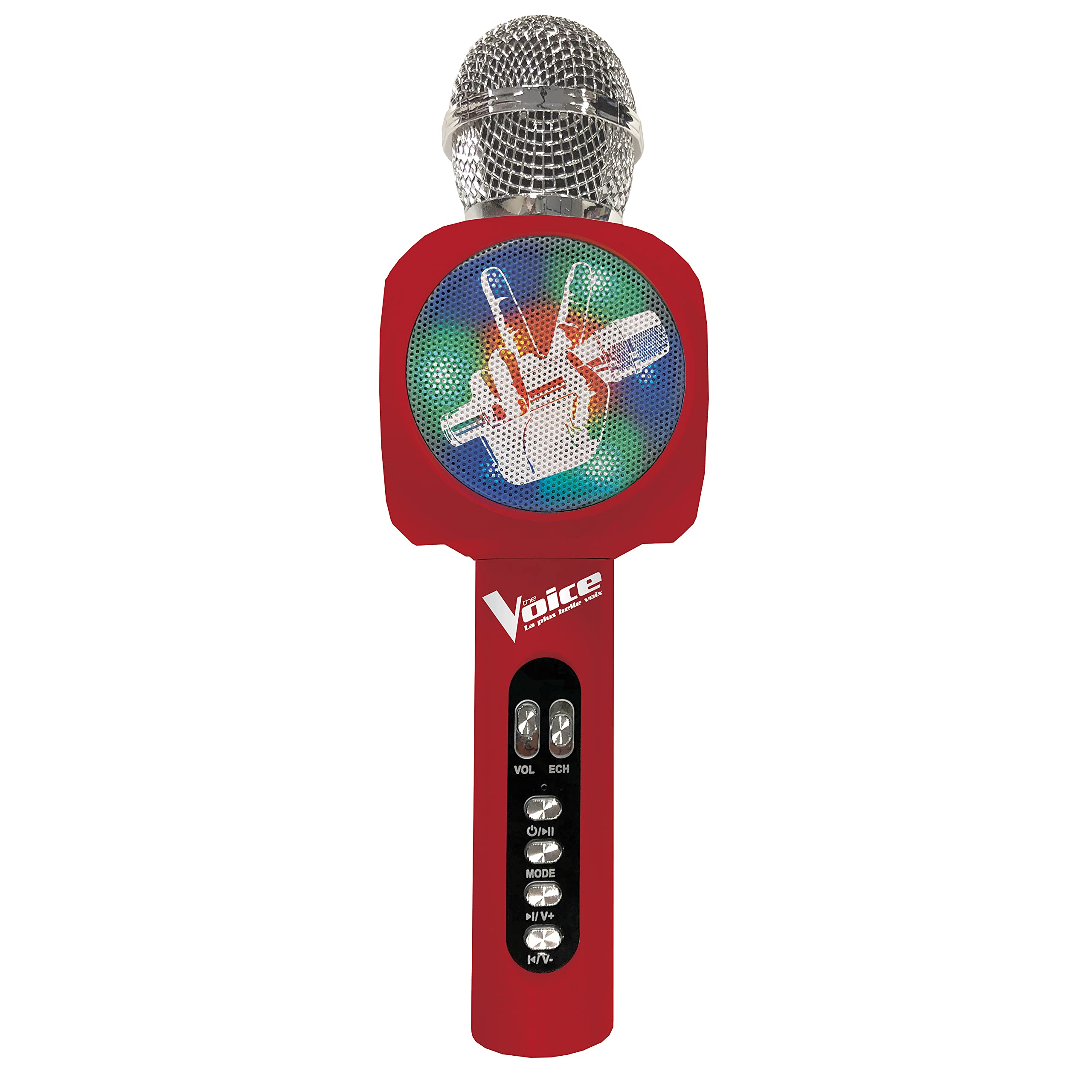 LEXIBOOK The Voice Wireless Microphone with speaker and lights, Bluetooth®, voice changer function, light effects, micro SD slot, USB, red/silver, MIC260TV