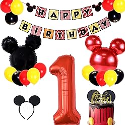 Joymemo Decorations De Fete Danniversaire Minnie Mouse Themed Rouge Noir Cake Topper Pour Fete Des Filles Bandeau Boules De Nid D Abeille De Mickey Banniere De Joyeux Anniversaire Ballons De Baudruche Decorations Et