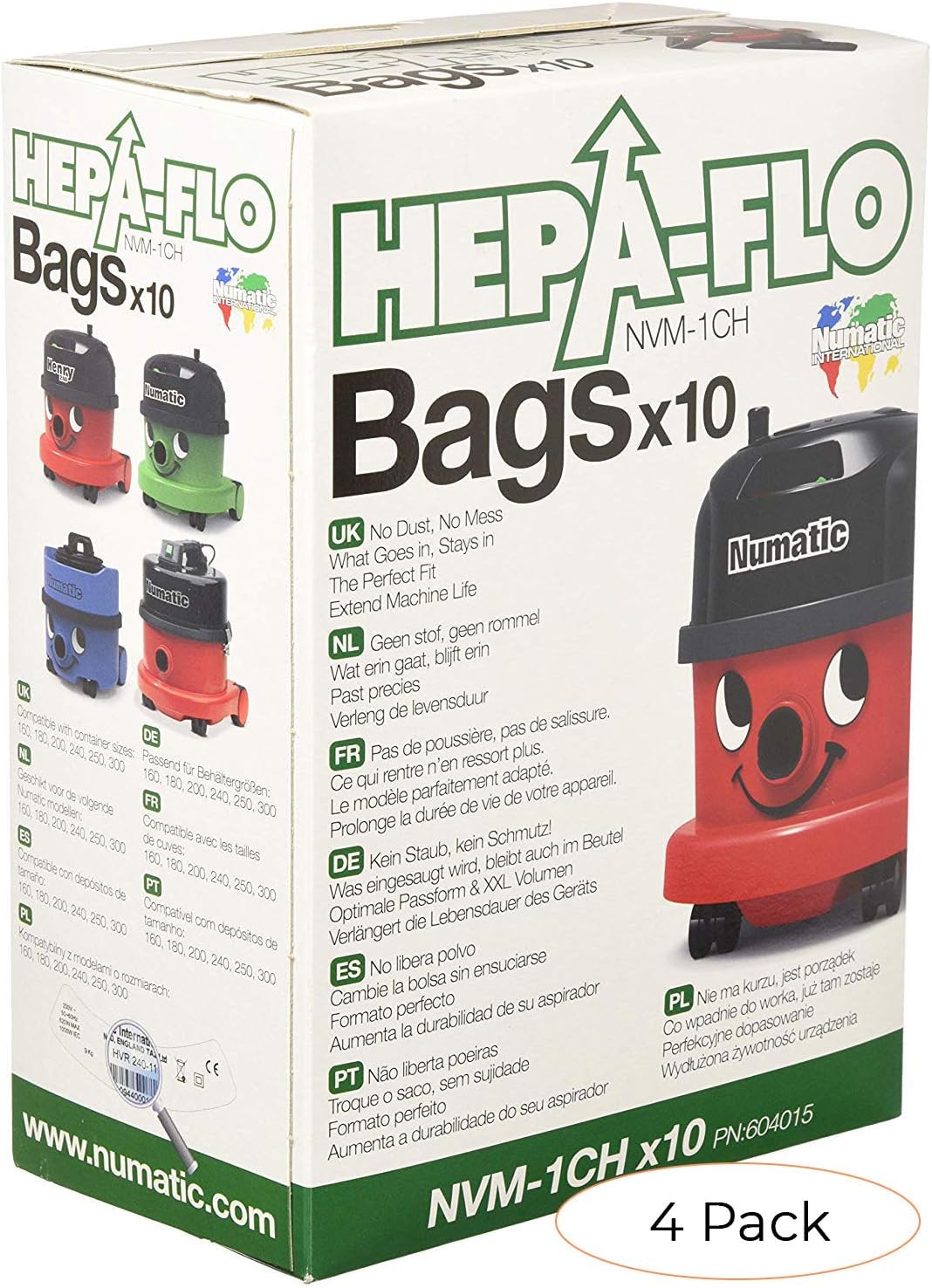 Numatic NVM-1CH HepaFlo' Disposable Filter Bags Pack - for The Henry HVR200A, The Hetty HET200A, and The Henry Micro HVR200M Vacuum Cleaners - (10-Bags Per Pack) (Pack 4)