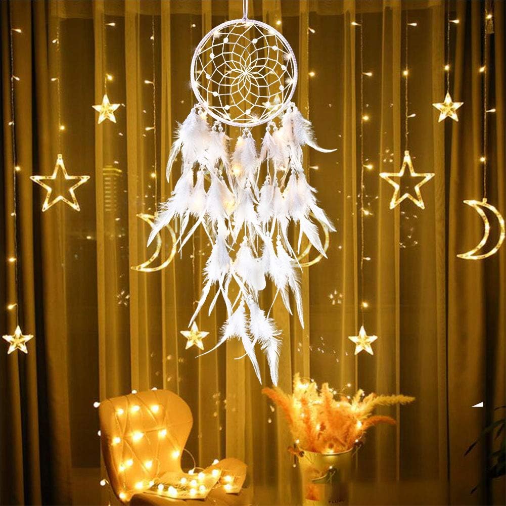 Yuccer Plume Attrape Reve Avec Lumiere Led Attrape Reve Mural Multicolore Capteur De Reves Accessoire De Photographie Decoration De Chambre Fenetre Mariage Romantique Cadeau Danniversaire Blanc Nexusfn Com Br