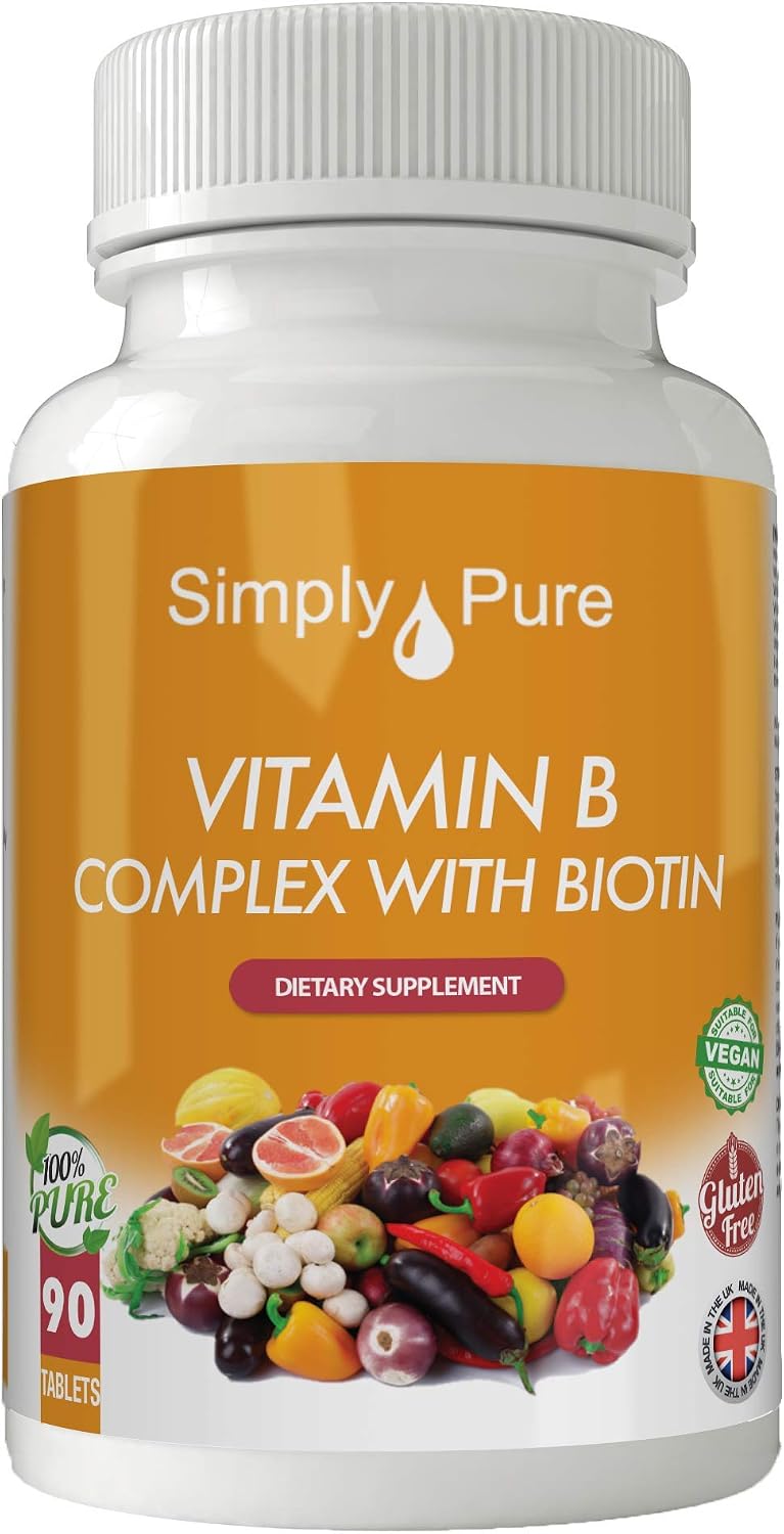 Simply Pure Vitamin B Complex with Biotin for Tiredness Hair Strength & Growth and Immunity Boost, 90 count (Pack of 1)