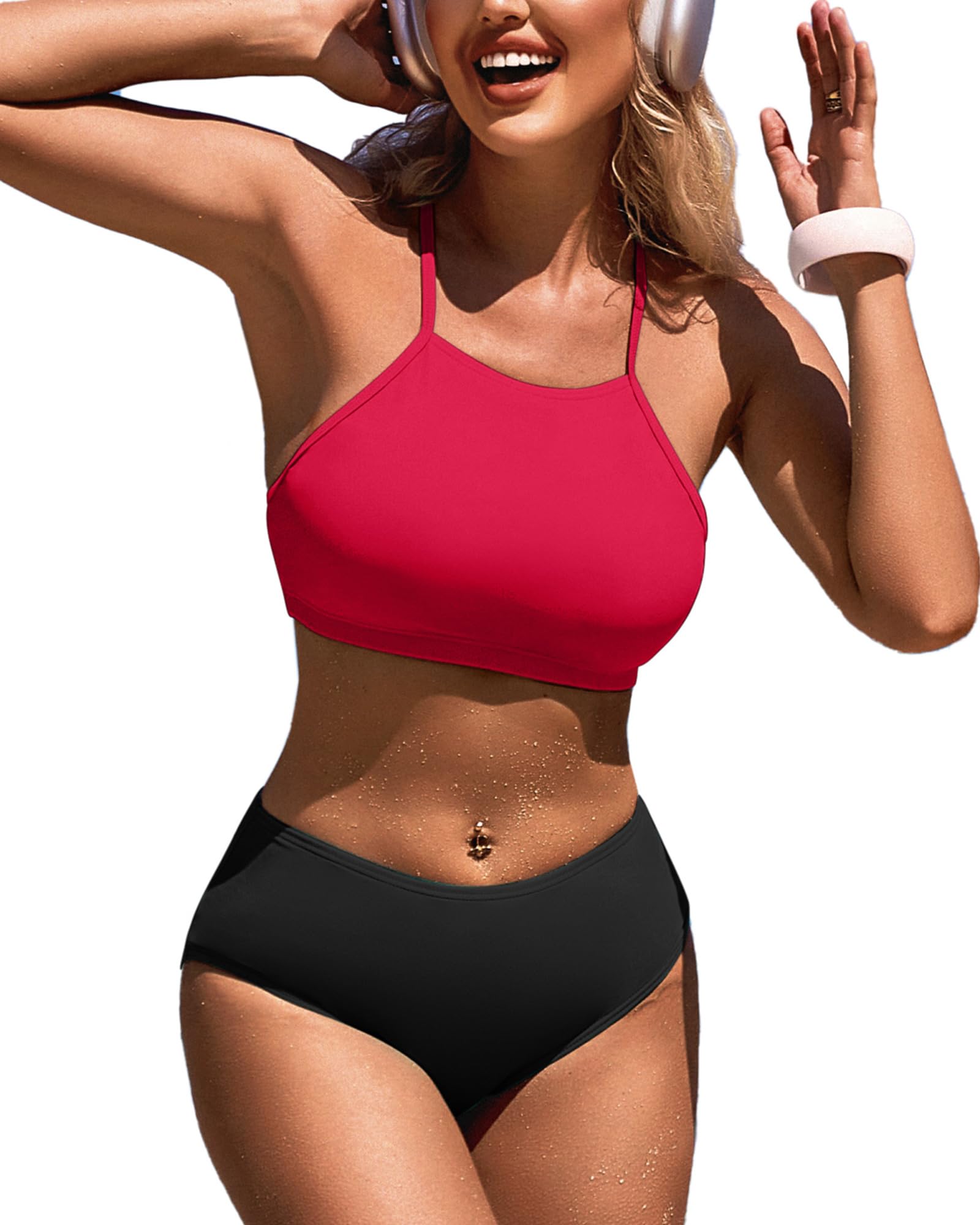 Photo 1 of CharmLeaks Halter Bikini Women Full Coverage Bathing Suit Junior Swimsuits Red M