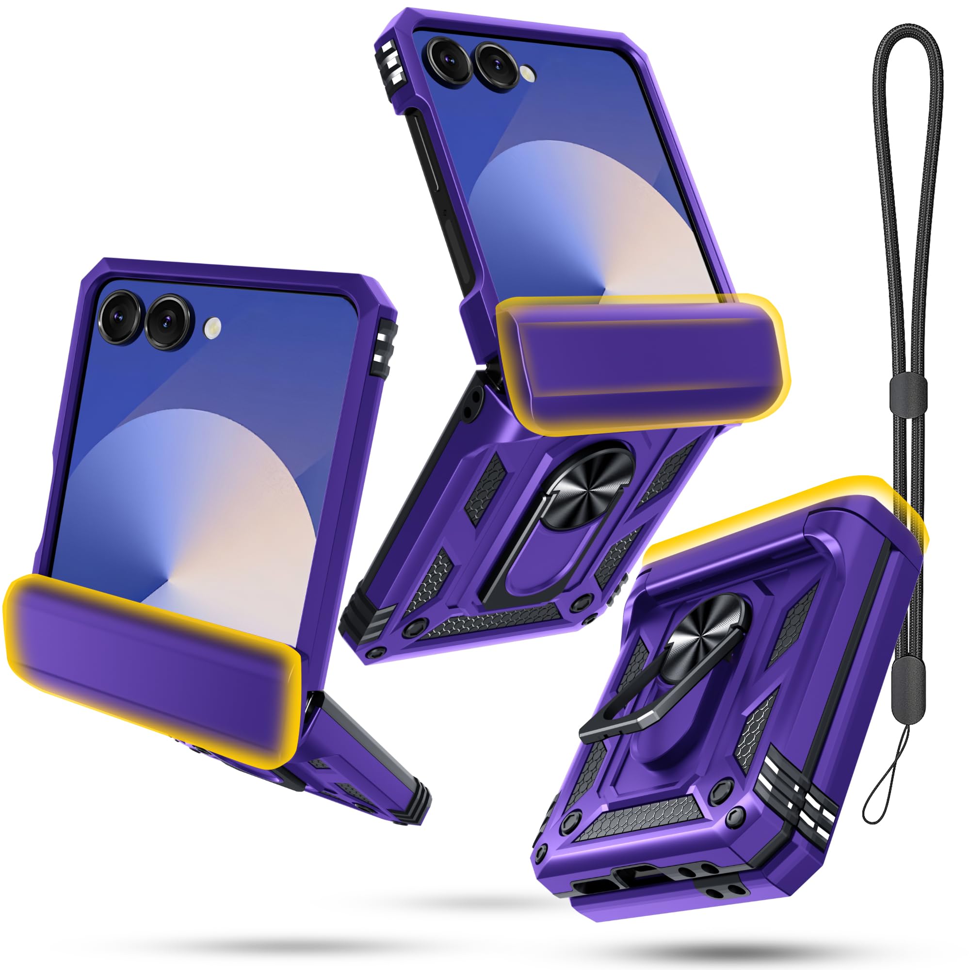 Photo 1 of Janmitta Compatible with Samsung Galaxy Z Flip 7 Case+Hinge Protection+Ring Kickstand,Heavy Duty Full Body Phone Cover with Wrist Strap Lanyard,2025 Purple