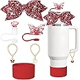 Stanley Cup Accessories Set, Bow and Diamond Glitter Straw Cover Toppers for Stanley Cup 30/40oz Tumble, Metal Butterfly Chain, Silicone Red Stanley Cup Boot (Red)