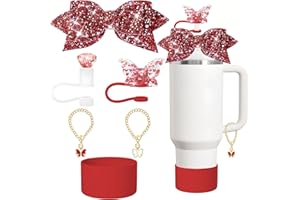 CHARMARK Stanley Cup Accessories Set, Bow and Diamond Glitter Straw Cover Toppers for Stanley Cup 30/40oz Tumble, Metal Butterfly Chain, Silicone Red Stanley Cup Boot (Red)
