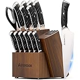 Astercook Knife Set, Kitchen Knives Set with Block and Dual Sharpener Full Tang 15 Pcs German Stainless Steel Knives Sharp Blade Dishwasher Safe Knife Set with Ergonomic Handle, Elegant Black