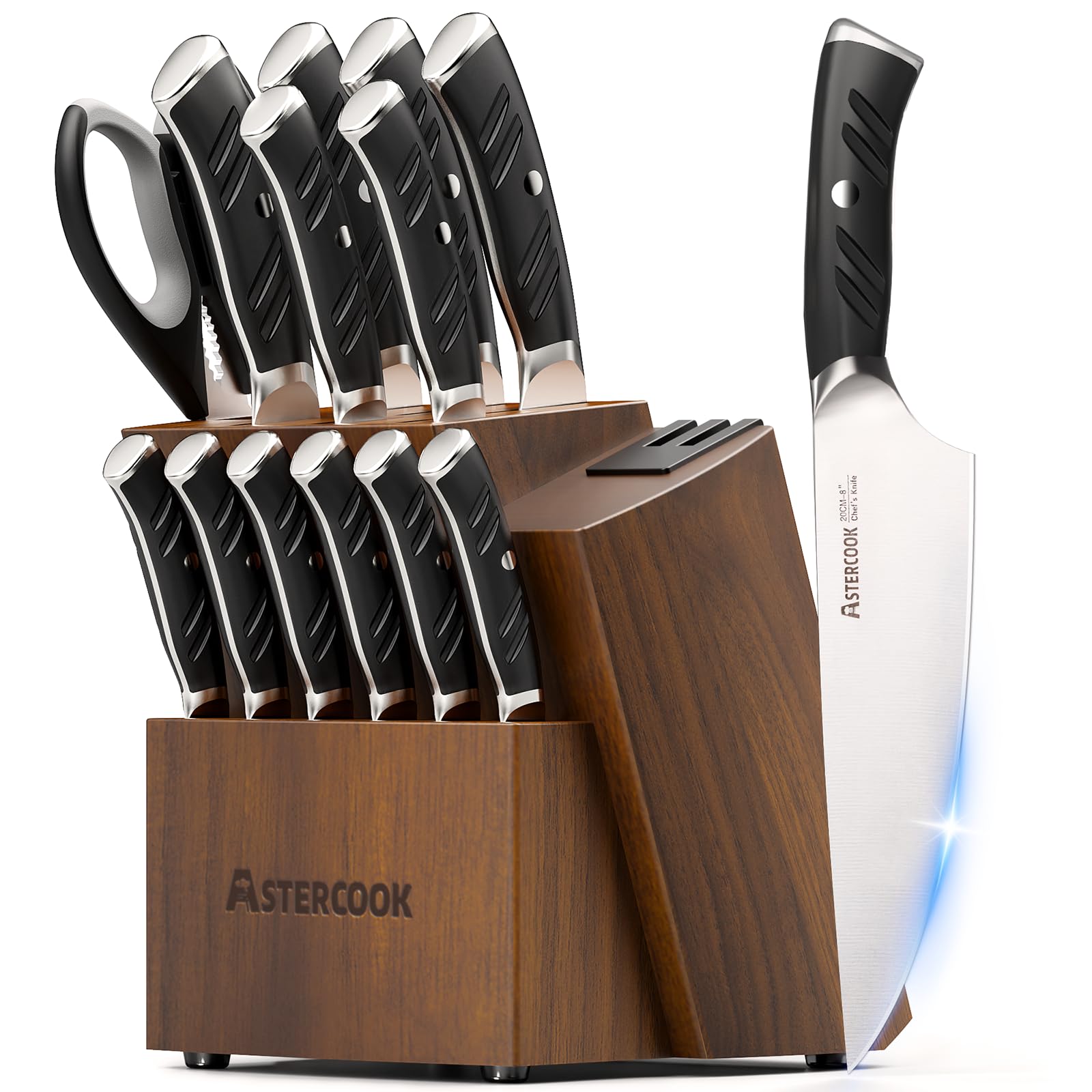 Photo 1 of Astercook Knife Set, Kitchen Knives Set with Block and Dual Sharpener Full Tang 15 Pcs German Stainless Steel Knives Sharp Blade Dishwasher Safe Knife Set with Ergonomic Handle, Elegant Black